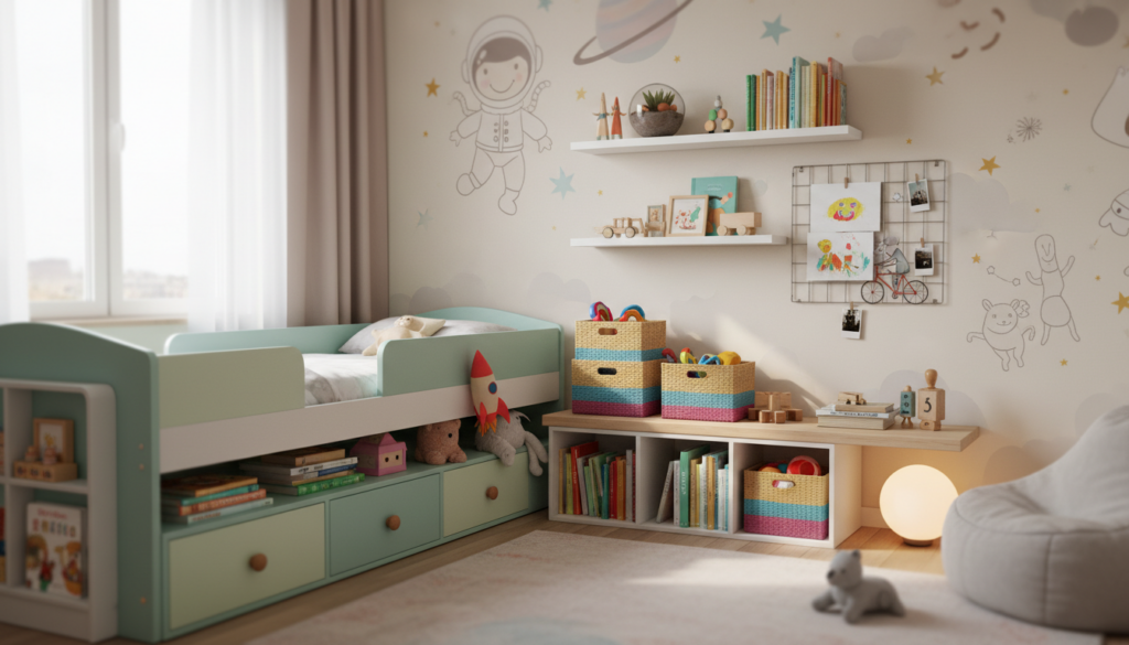 platzsparende Stauraumideen Kinderbett